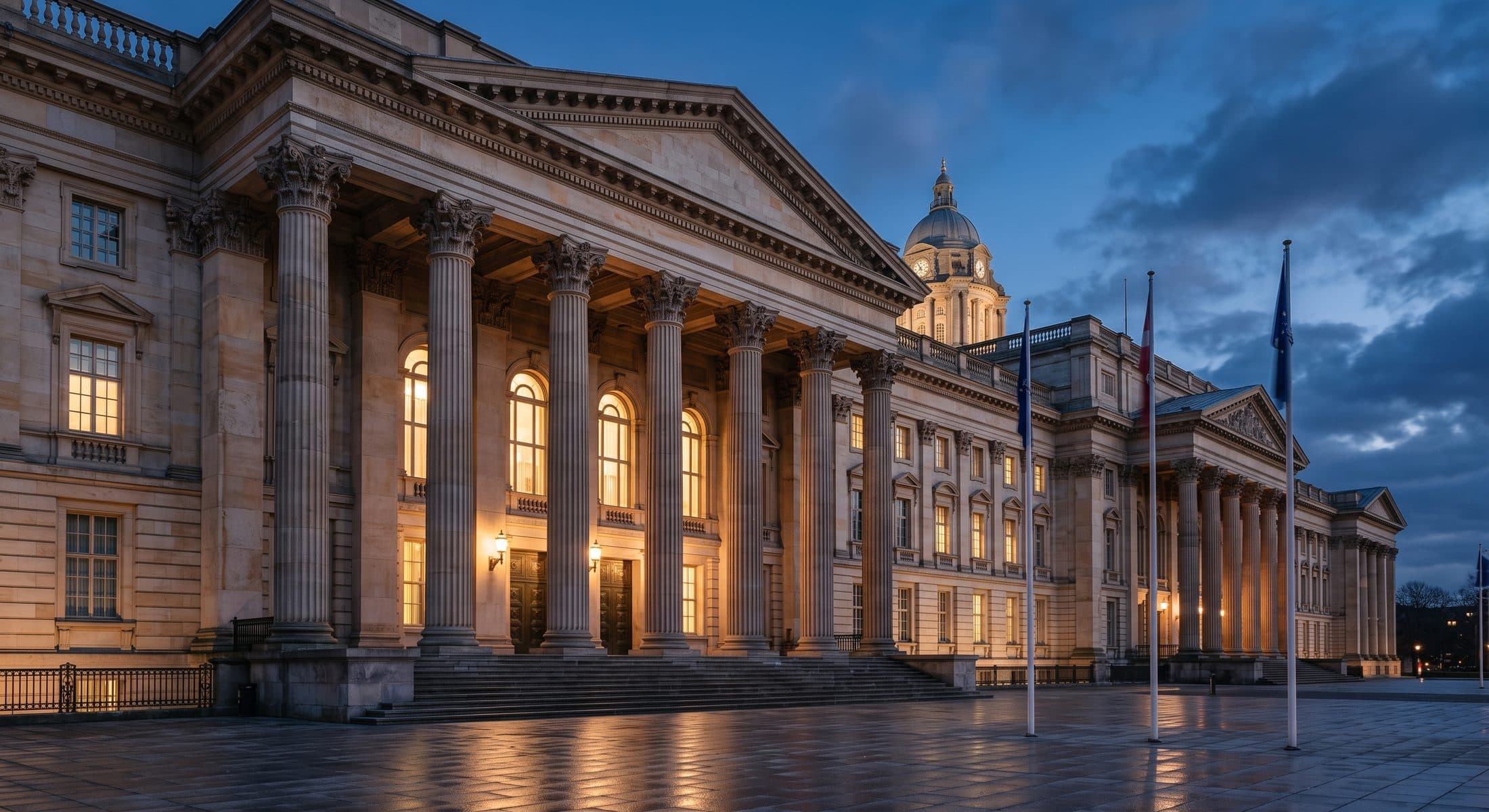 A grand neoclassical parliamentary building with tall columns, illuminated at blue hour