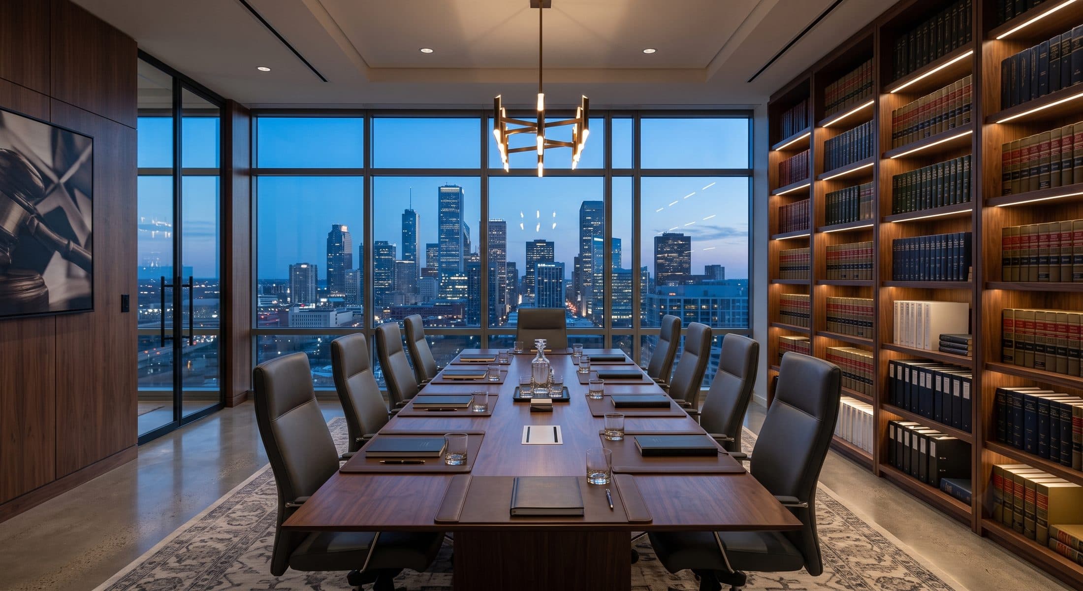 A refined law-firm boardroom at dusk with a city skyline and shelves of legal volumes